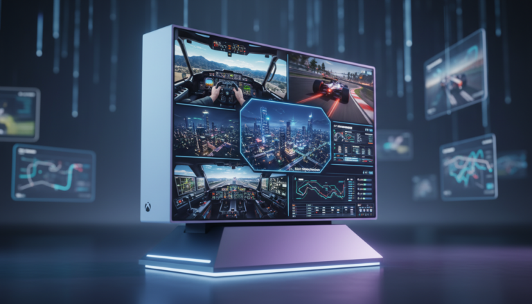 Xbox Series S rodando simuladores top de linha para 2026: Flight Simulator, Forza Motorsport, Cities: Skylines II, F1 Manager 2026, Train Sim World 4.