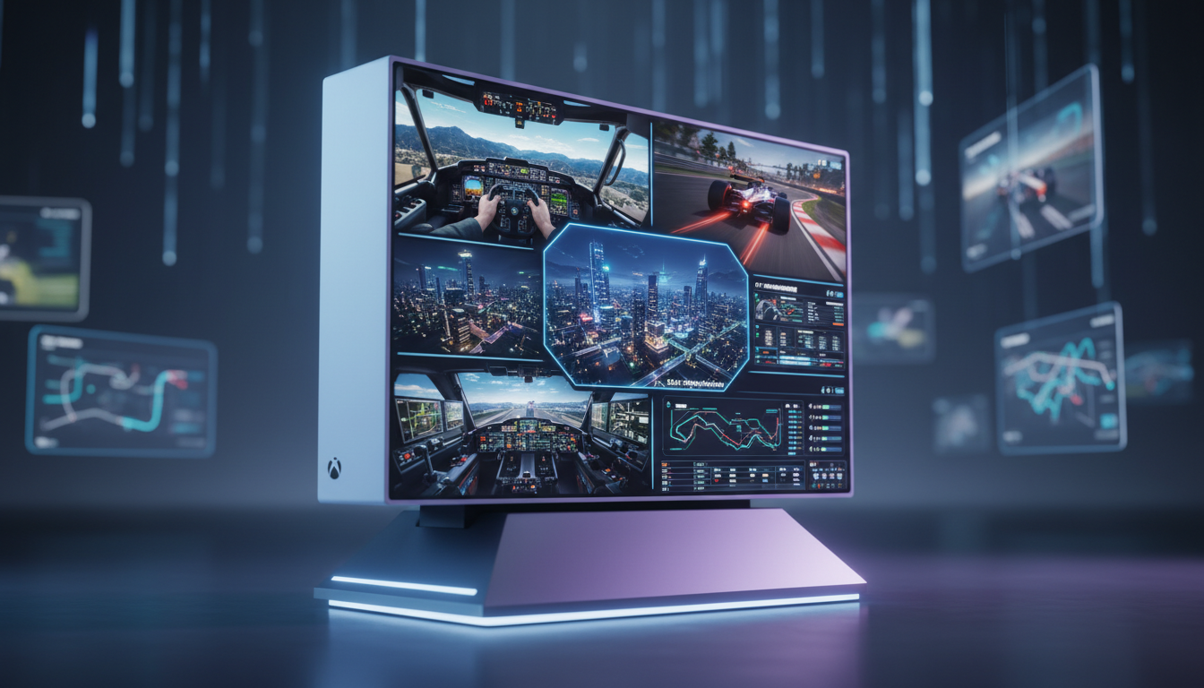 Xbox Series S rodando simuladores top de linha para 2026: Flight Simulator, Forza Motorsport, Cities: Skylines II, F1 Manager 2026, Train Sim World 4.