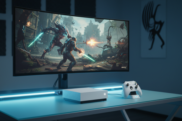 Xbox Series S branco em um setup de jogos moderno, exibindo um jogo futurista de 2026 na tela, com iluminação azul e verde.