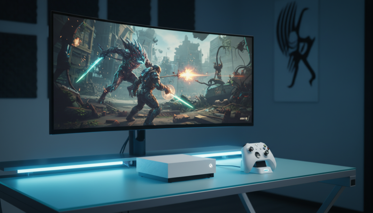 Xbox Series S branco em um setup de jogos moderno, exibindo um jogo futurista de 2026 na tela, com iluminação azul e verde.