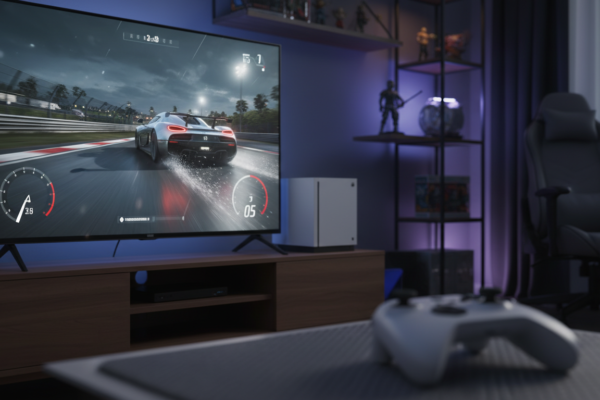 Console Xbox Series S executando jogos de corrida otimizados, tela com carro de corrida em alta velocidade, controle Xbox.