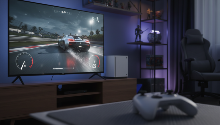 Console Xbox Series S executando jogos de corrida otimizados, tela com carro de corrida em alta velocidade, controle Xbox.