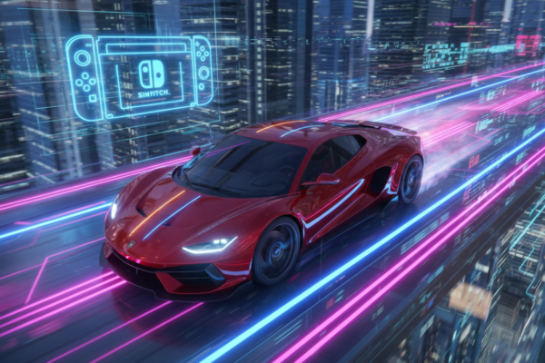 Carro de corrida futurista em pista neon, jogos de corrida Switch 2, velocidade e adrenalina