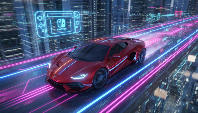 Carro de corrida futurista em pista neon, jogos de corrida Switch 2, velocidade e adrenalina