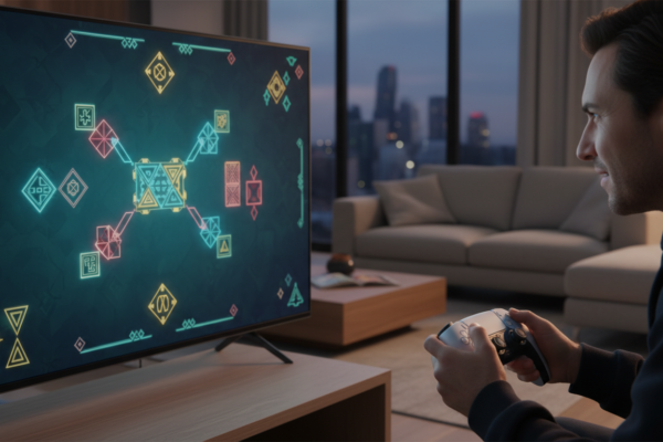 Jogador explorando um jogo de puzzle no PS5, ativando o cérebro com desafios complexos e gráficos imersivos.