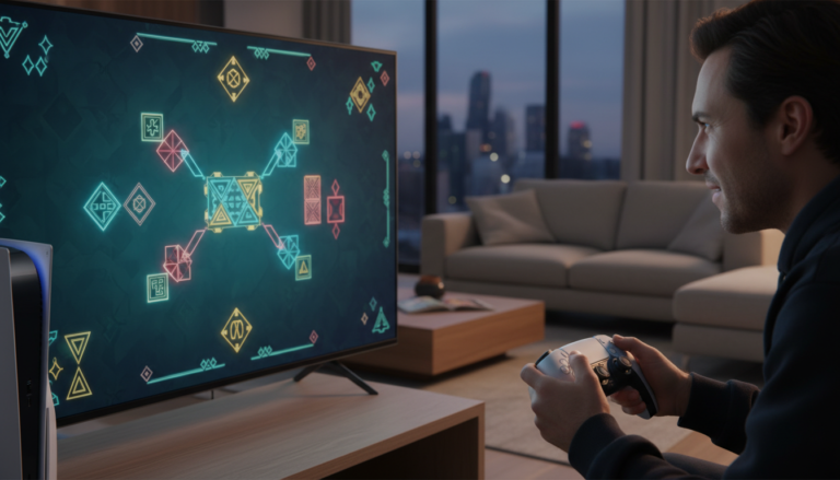 Jogador explorando um jogo de puzzle no PS5, ativando o cérebro com desafios complexos e gráficos imersivos.