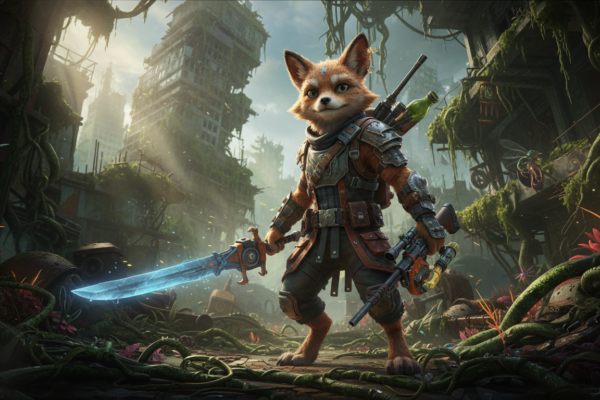 Personagem de Biomutant em ambiente 4K no PS5, com arma personalizada e cenário detalhado.