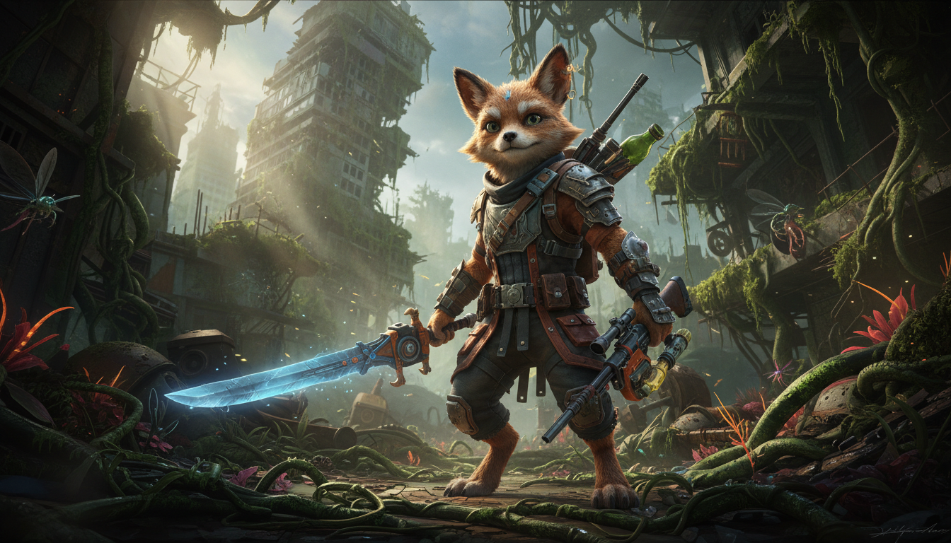 Personagem de Biomutant em ambiente 4K no PS5, com arma personalizada e cenário detalhado.