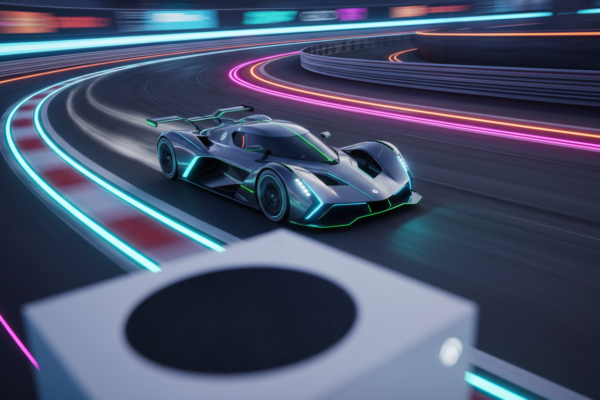 Carro de corrida veloz em pista futurista, console Xbox Series S