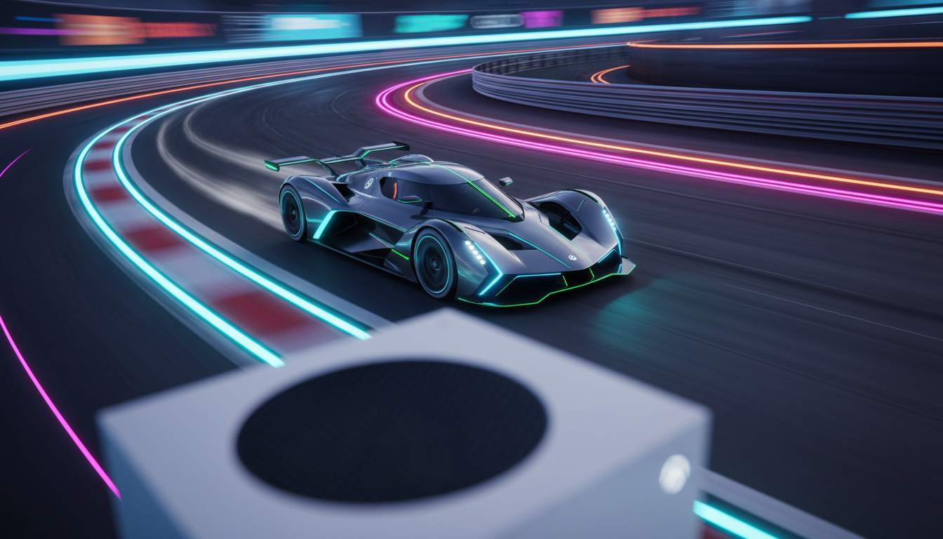 Carro de corrida veloz em pista futurista, console Xbox Series S