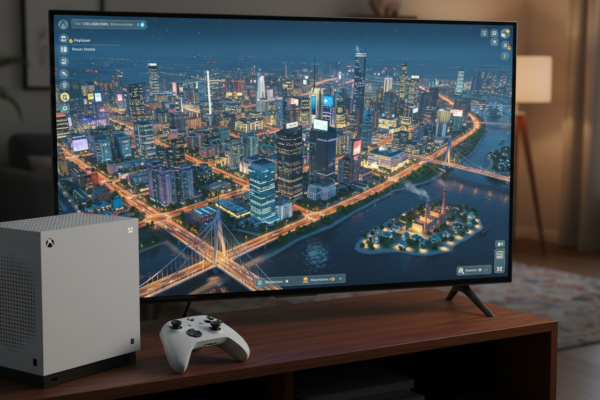 Gameplay de Cities: Skylines no Xbox Series S, mostrando uma cidade grande e complexa com rodovias e edifícios.