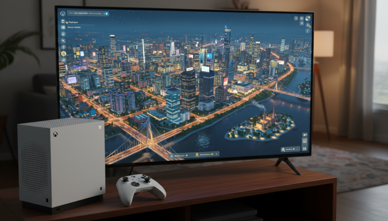 Gameplay de Cities: Skylines no Xbox Series S, mostrando uma cidade grande e complexa com rodovias e edifícios.