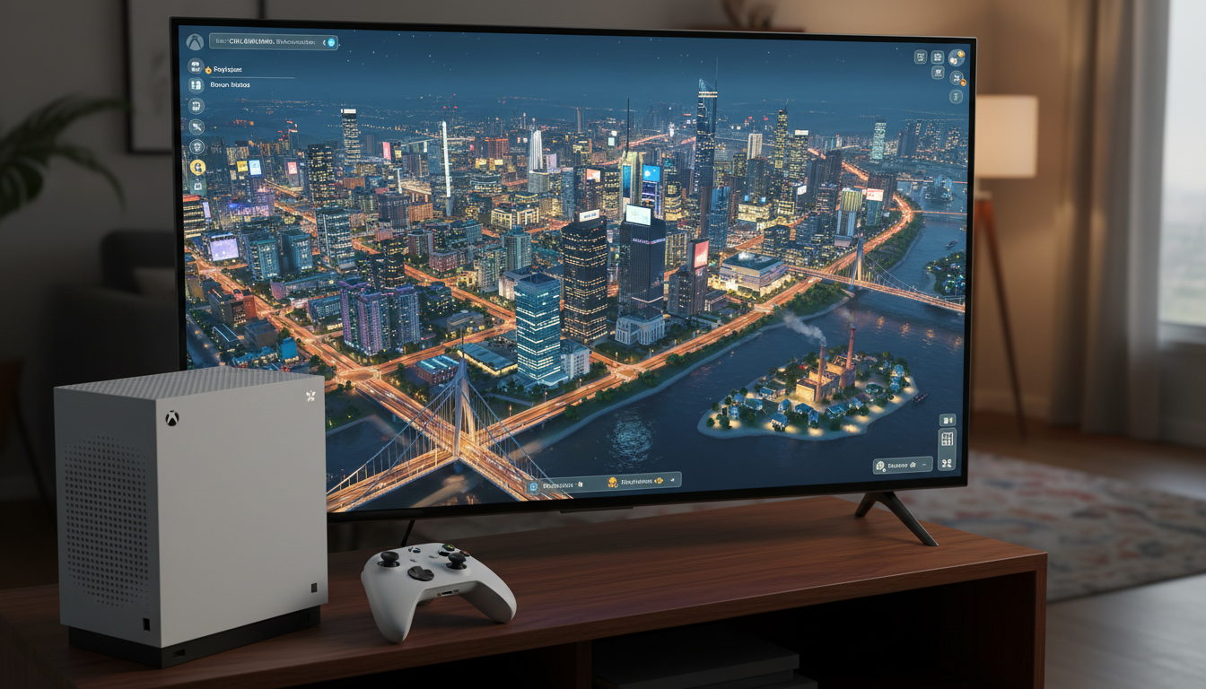 Gameplay de Cities: Skylines no Xbox Series S, mostrando uma cidade grande e complexa com rodovias e edifícios.