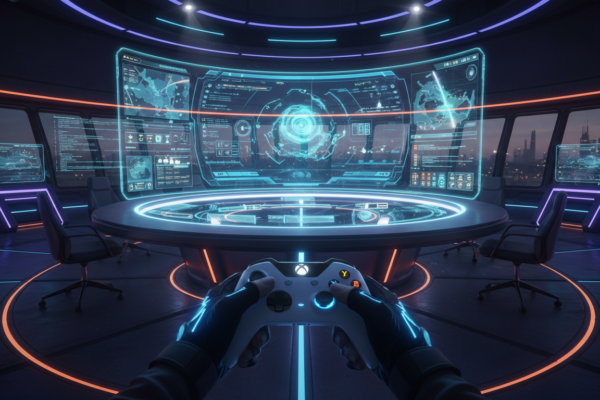 Xbox Series S jogando estratégia, mapa tático holográfico, controle de console, comando de tropas virtual