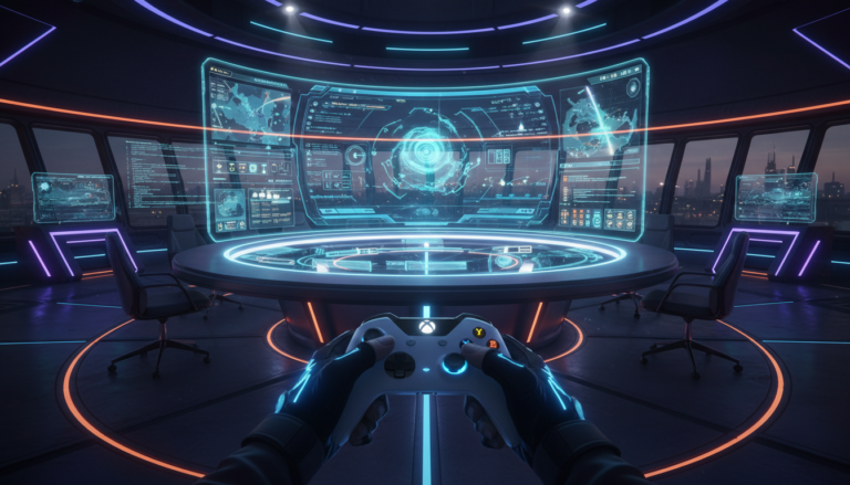 Xbox Series S jogando estratégia, mapa tático holográfico, controle de console, comando de tropas virtual