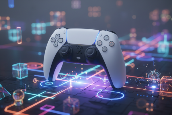 Controle DualSense em ambiente de puzzle abstrato, simbolizando jogos de puzzle criativos no PS5
