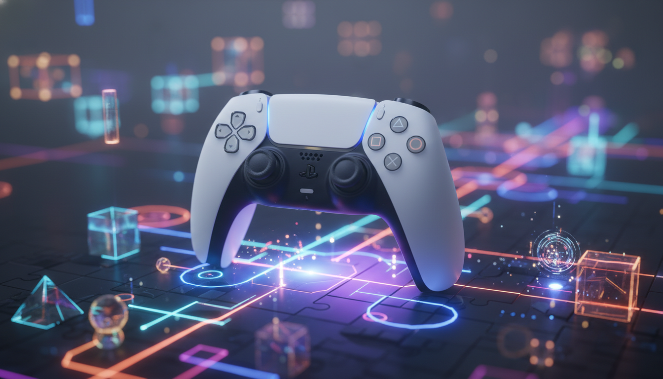 Controle DualSense em ambiente de puzzle abstrato, simbolizando jogos de puzzle criativos no PS5
