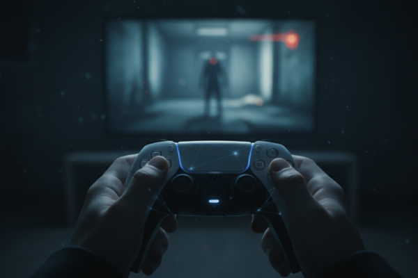 Mãos segurando DualSense PS5 em jogo de horror, imersão, tecnologia de terror
