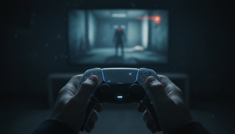Mãos segurando DualSense PS5 em jogo de horror, imersão, tecnologia de terror