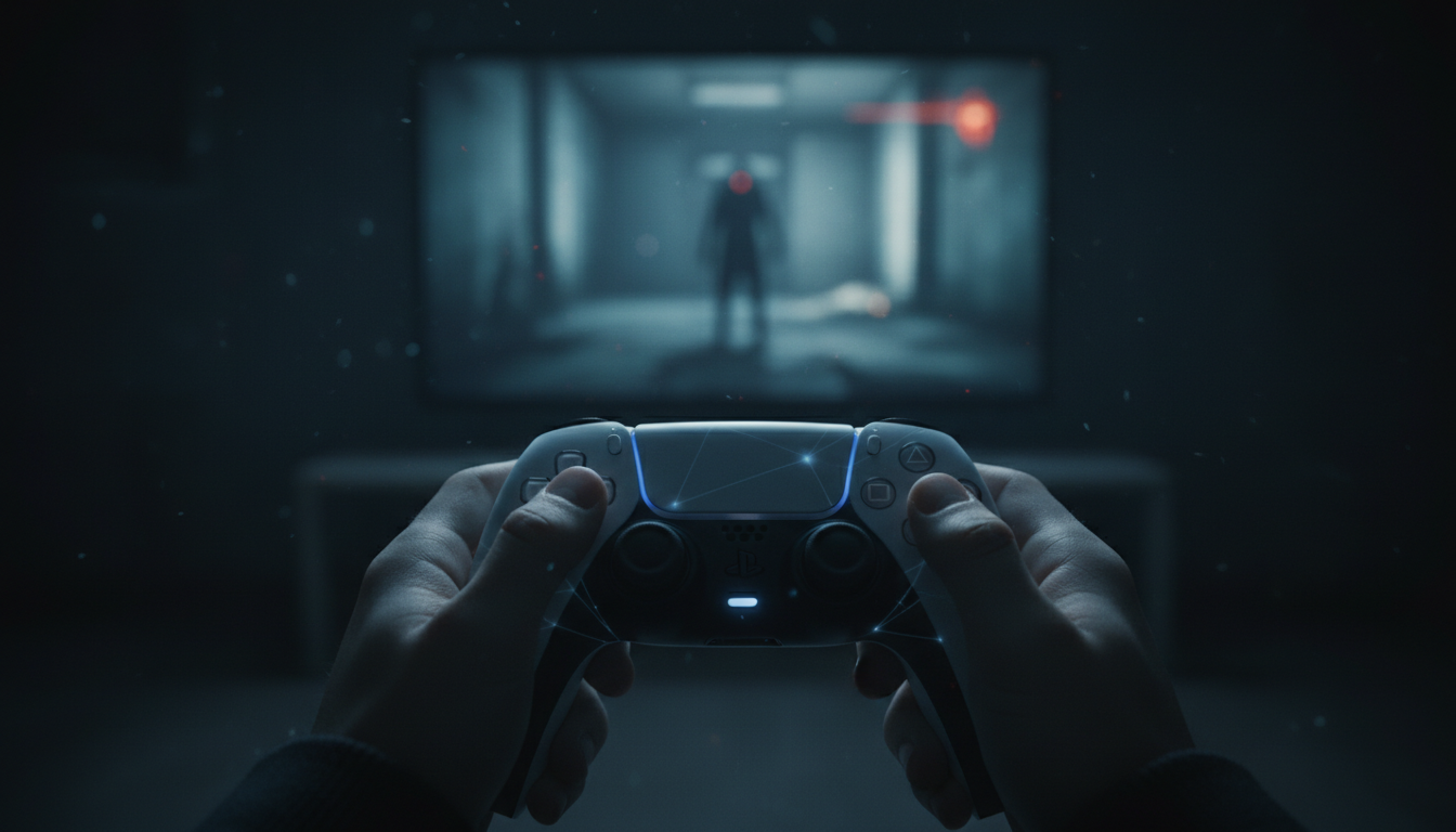 Mãos segurando DualSense PS5 em jogo de horror, imersão, tecnologia de terror