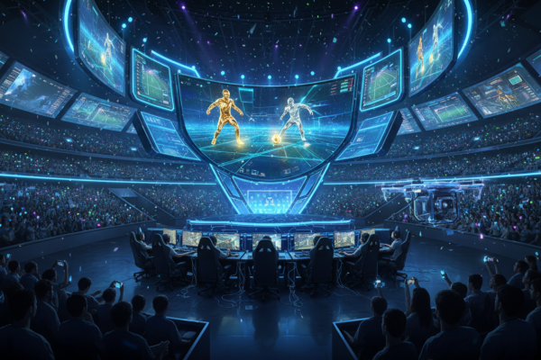 Arena de eSports futurista com telas vibrantes e público entusiasmado, destacando a revolução dos esportes digitais e os novos jogos de PC em 2026.
