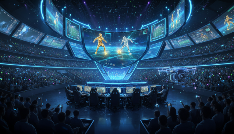 Arena de eSports futurista com telas vibrantes e público entusiasmado, destacando a revolução dos esportes digitais e os novos jogos de PC em 2026.