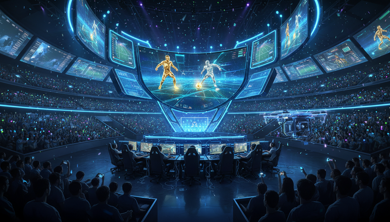 Arena de eSports futurista com telas vibrantes e público entusiasmado, destacando a revolução dos esportes digitais e os novos jogos de PC em 2026.