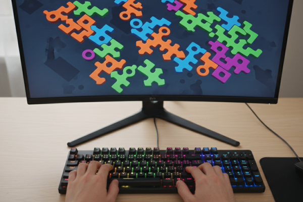 Mãos em teclado de PC com jogo de puzzle de tema único na tela, cores vibrantes, desafio mental