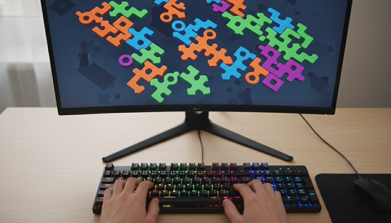 Mãos em teclado de PC com jogo de puzzle de tema único na tela, cores vibrantes, desafio mental