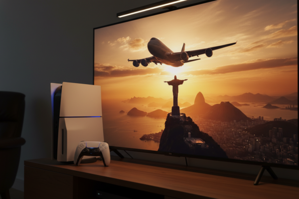 Captura de tela de Flight Simulator 2021 no PS5 com avião sobrevoando paisagem urbana