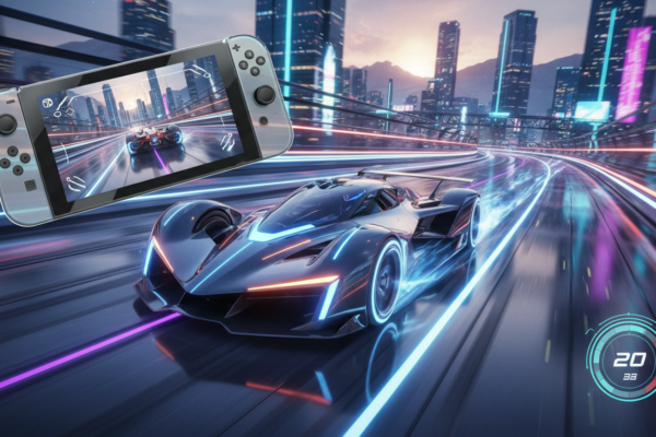 Carro de corrida futurista em tela do Nintendo Switch 2 com gráficos avançados