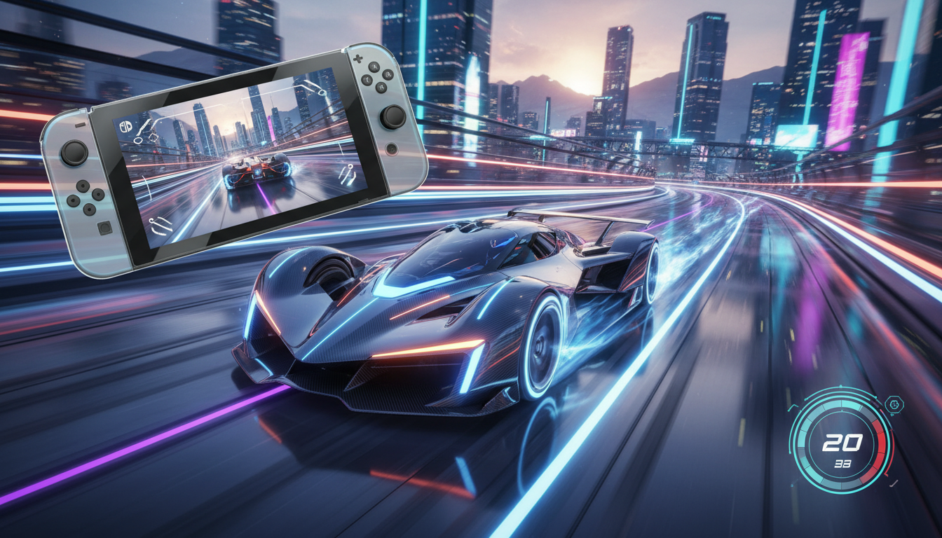 Carro de corrida futurista em tela do Nintendo Switch 2 com gráficos avançados