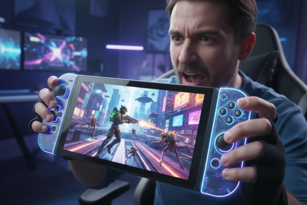 Homem jogando jogo de tiro no Nintendo Switch 2, com cena de batalha futurista na tela.