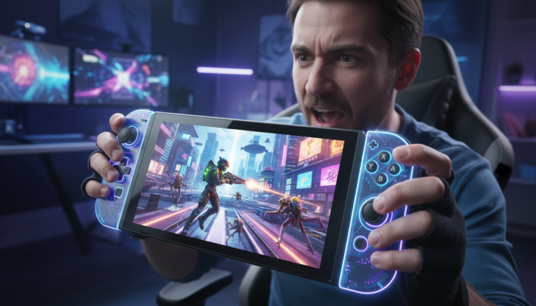 Homem jogando jogo de tiro no Nintendo Switch 2, com cena de batalha futurista na tela.