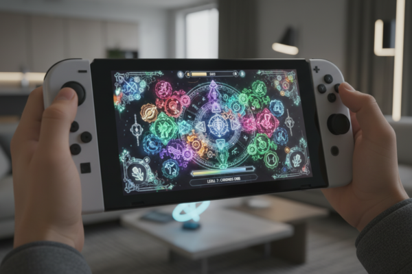 Nintendo Switch 2 com jogo de puzzle em tela, gráficos aprimorados, jogabilidade imersiva