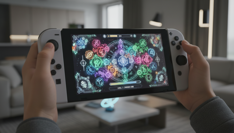 Nintendo Switch 2 com jogo de puzzle em tela, gráficos aprimorados, jogabilidade imersiva