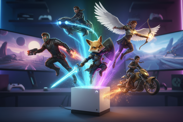 Personagens de jogos como Tunic, Fenyx Rising, Guardians of the Galaxy e Sable saindo de um Xbox Series S em um cenário vibrante.