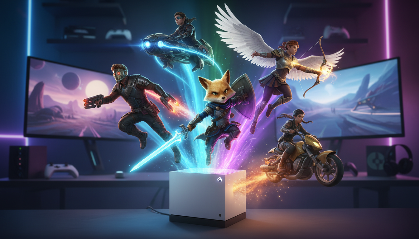 Personagens de jogos como Tunic, Fenyx Rising, Guardians of the Galaxy e Sable saindo de um Xbox Series S em um cenário vibrante.