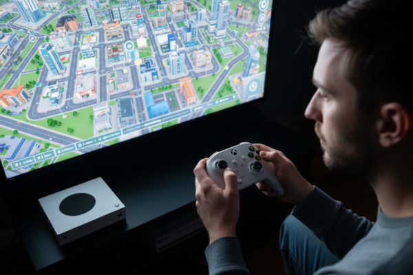 Mãos segurando controle Xbox Series S jogando estratégia em tela grande