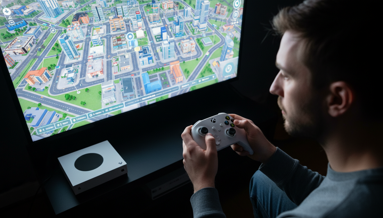 Mãos segurando controle Xbox Series S jogando estratégia em tela grande