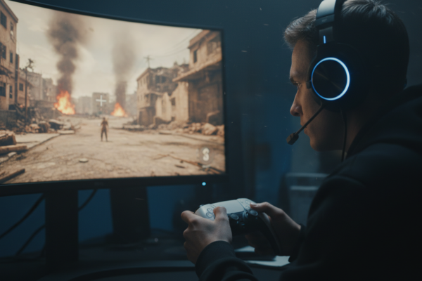 Jogador usando fones de ouvido em um PS5, focado em um jogo de tiro, com a tela exibindo um cenário de combate. A imagem destaca a importância do som ambiente para a imersão e vantagem tática.