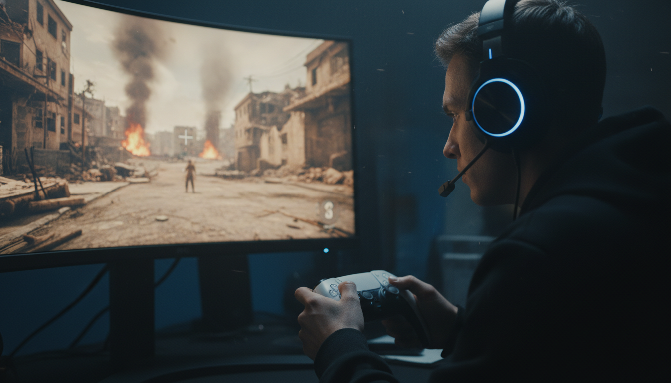 Jogador usando fones de ouvido em um PS5, focado em um jogo de tiro, com a tela exibindo um cenário de combate. A imagem destaca a importância do som ambiente para a imersão e vantagem tática.