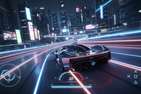 Carro de corrida futurista em pista neon, representando os melhores jogos de corrida PS5 de 2026.
