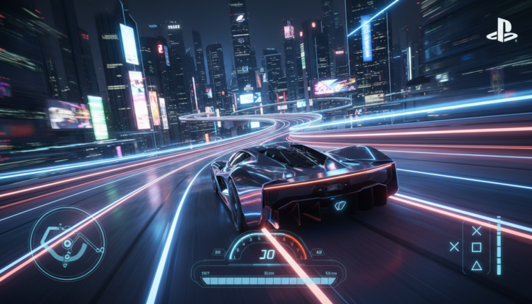 Carro de corrida futurista em pista neon, representando os melhores jogos de corrida PS5 de 2026.