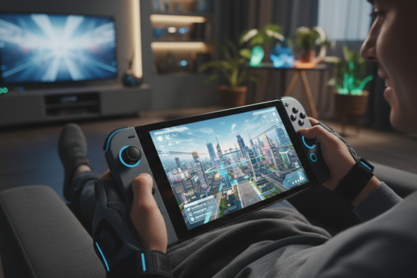 Pessoa jogando jogo de construção e gerenciamento no Nintendo Switch 2, tela mostrando cidade futurista e controles aprimorados.