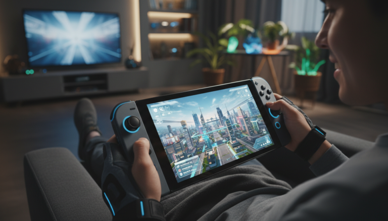 Pessoa jogando jogo de construção e gerenciamento no Nintendo Switch 2, tela mostrando cidade futurista e controles aprimorados.