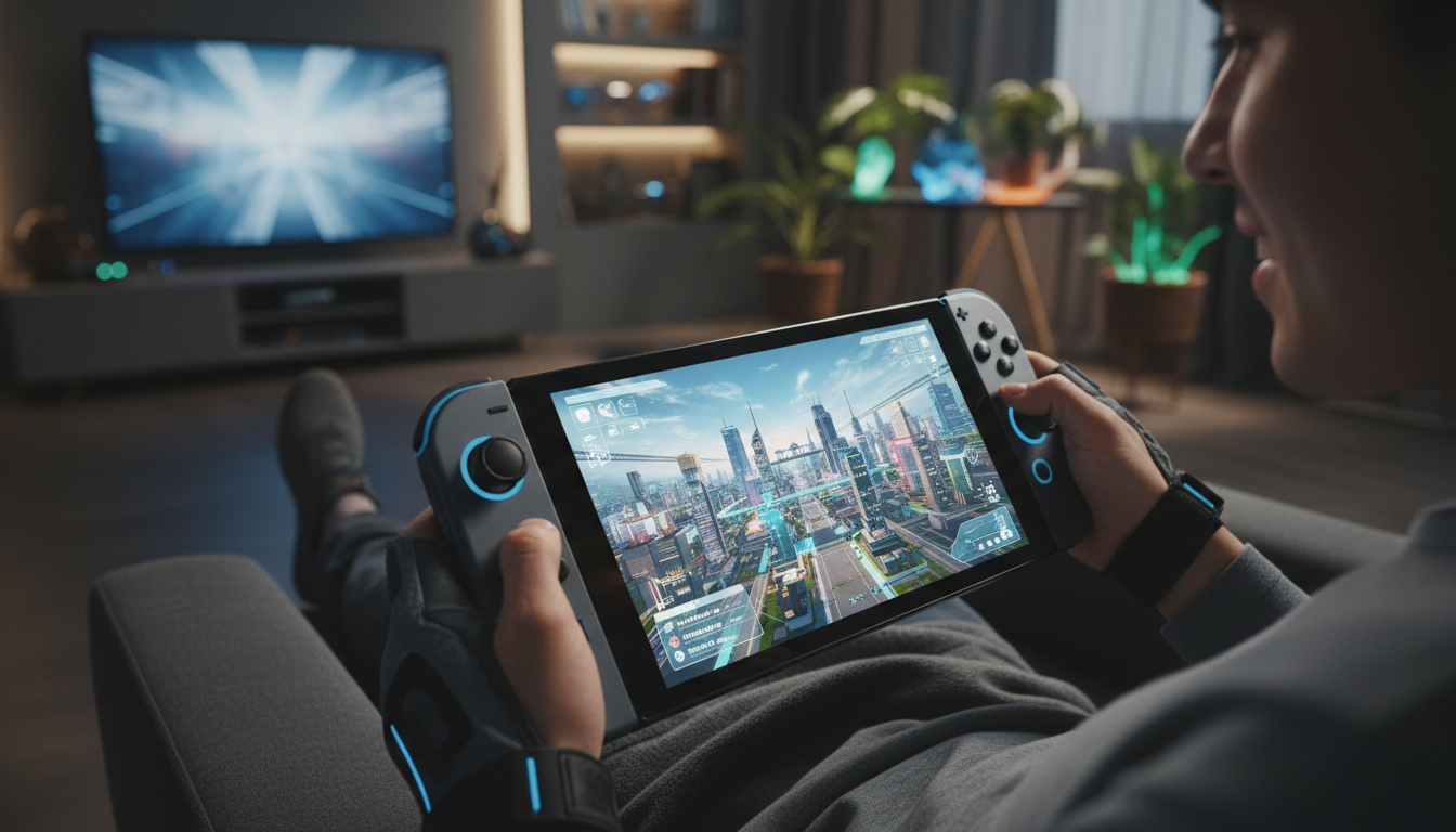 Pessoa jogando jogo de construção e gerenciamento no Nintendo Switch 2, tela mostrando cidade futurista e controles aprimorados.