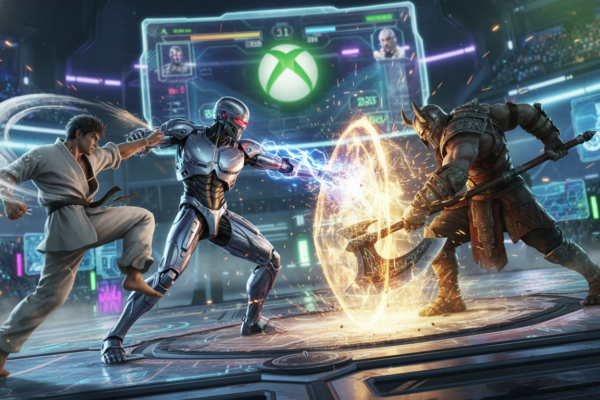 Cena de combate vibrante de jogos de luta com personagens diversos e um console Xbox Series S ao fundo, simbolizando o calendário de 2026.