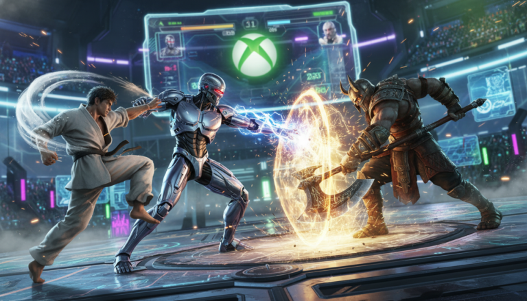 Cena de combate vibrante de jogos de luta com personagens diversos e um console Xbox Series S ao fundo, simbolizando o calendário de 2026.