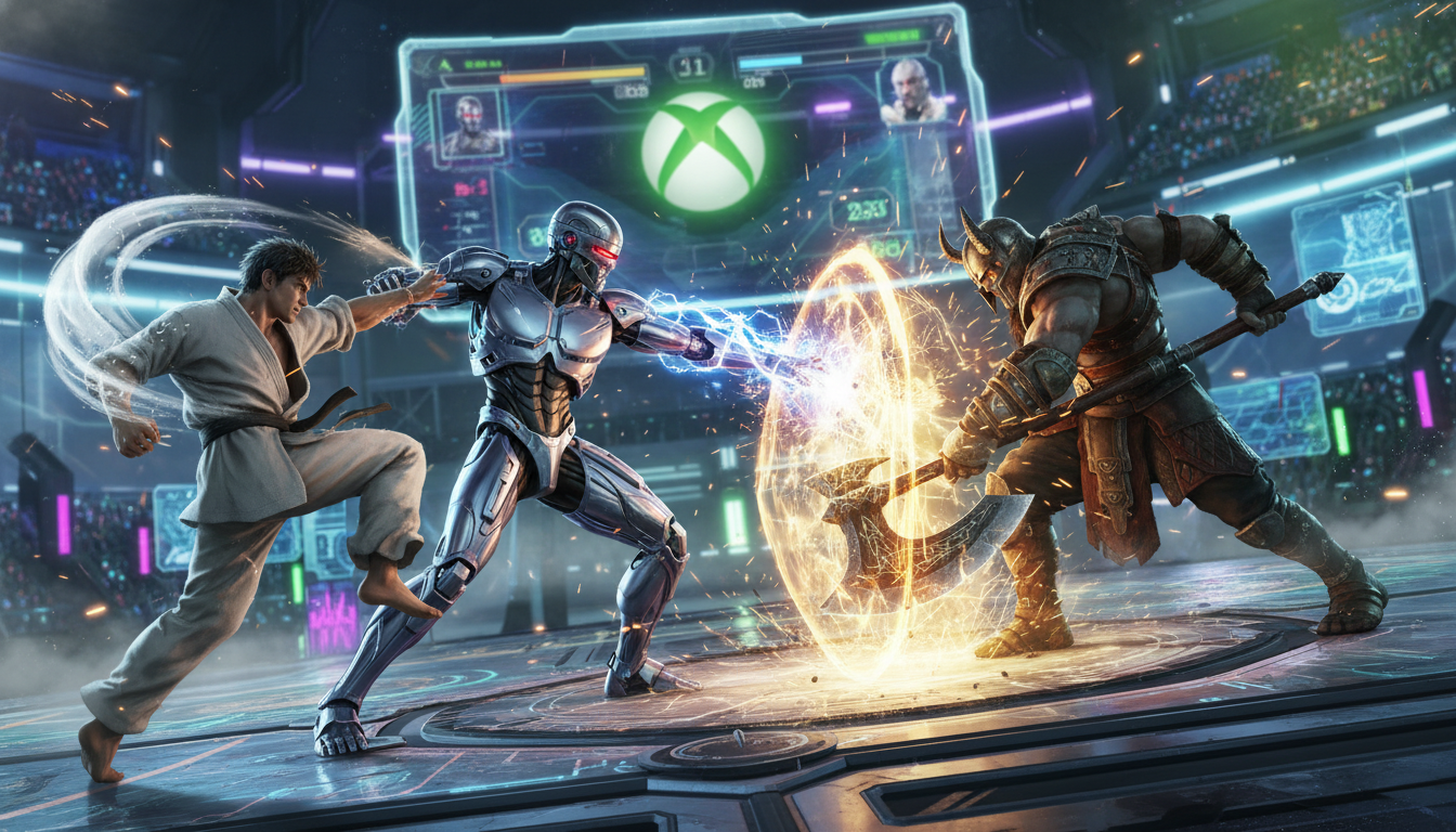 Cena de combate vibrante de jogos de luta com personagens diversos e um console Xbox Series S ao fundo, simbolizando o calendário de 2026.